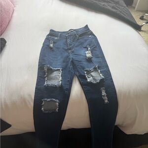 Fashion Nova Dark Blue Distressed Skinny Jeans